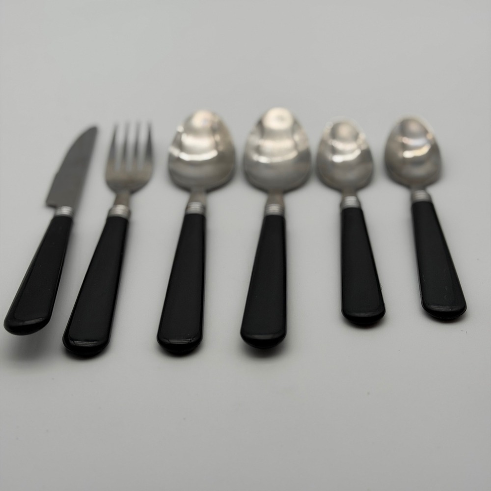 Gibson Stainless China 219 Flatware Set 6pc Black Plastic Handle Silver Rings